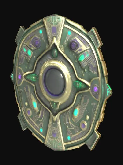 3D model for An alien artifact gadget designed to be attached to a spaceship—a universal translator. It should look distinctly alien, with asymmetrical metallic structures, smooth curves, and intricate engravings in unknown scripts. Parts of it softly glow with pulsating, non-terrestrial colors like cyan, violet, and emerald green. Despite the glow, the object should appear aged and weathered, with scratches, dents, and oxidized patches, as if discovered after centuries buried. Its form should suggest a mix of ancient tech and mysterious power. #game item# #sci-fi# #alien relic#