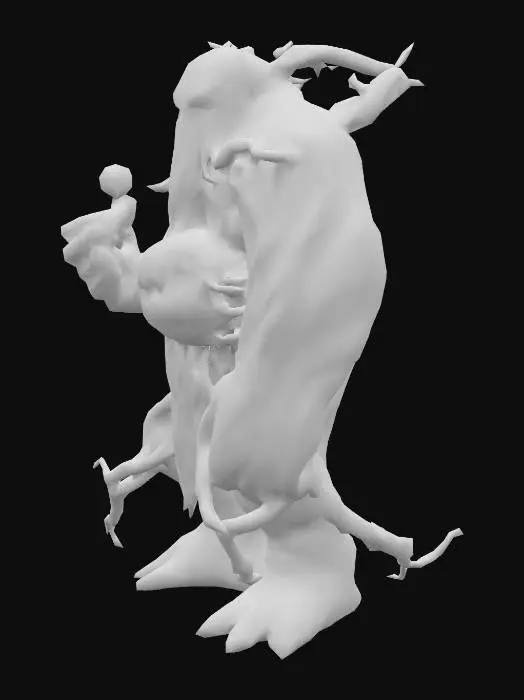 3D model for A stoic forest golem, cobbled together from mossy stones and gnarled roots. Its body is asymmetrical, with one arm being larger and thicker, acting as a shield. The other arm is a cluster of intertwined roots. Cracks in its stone body glow with a warm, amber light, like magma. A tiny, vibrant green sprout grows from its head. Emphasize a heavy, powerful build and a textured, organic surface. #forest golem# #fantasy creature# #elemental being# #textured model#