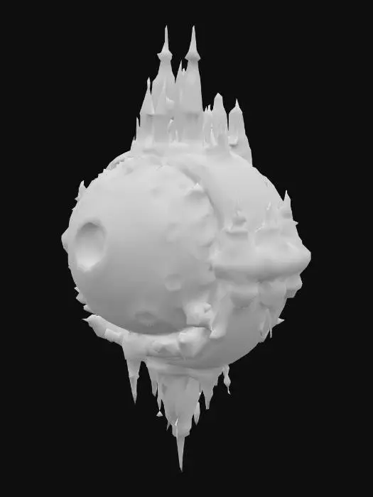 3D model for An alien space station with countless intricate details covering its surface. The main body is a large, rounded sphere, with a series of glowing windows encircling the equator like a belt of light. A tall, jagged spire extends from both the top and bottom of the sphere, resembling alien ladders or pathways. The entire structure should appear to be made of an unknown, organic-looking material, with an otherworldly architecture that defies human logic. #space station# #alien architecture# #sci-fi model# #detailed asset#