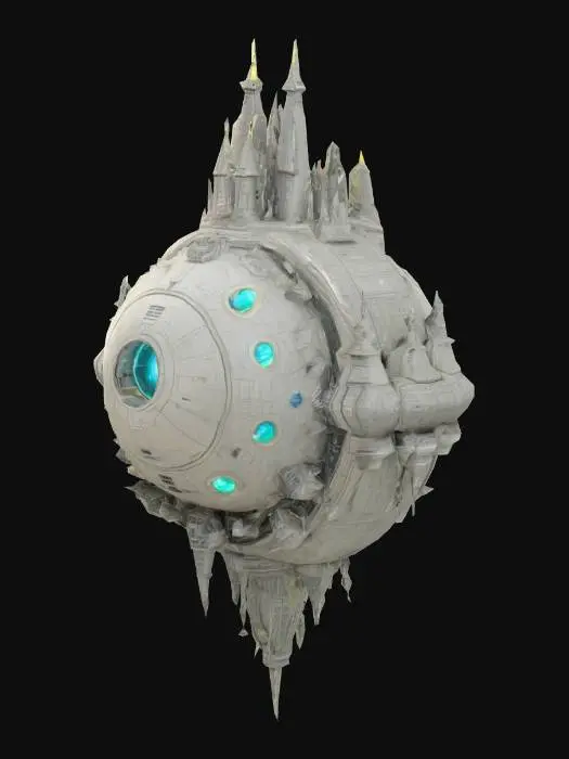 3D model for An alien space station with countless intricate details covering its surface. The main body is a large, rounded sphere, with a series of glowing windows encircling the equator like a belt of light. A tall, jagged spire extends from both the top and bottom of the sphere, resembling alien ladders or pathways. The entire structure should appear to be made of an unknown, organic-looking material, with an otherworldly architecture that defies human logic. #space station# #alien architecture# #sci-fi model# #detailed asset#