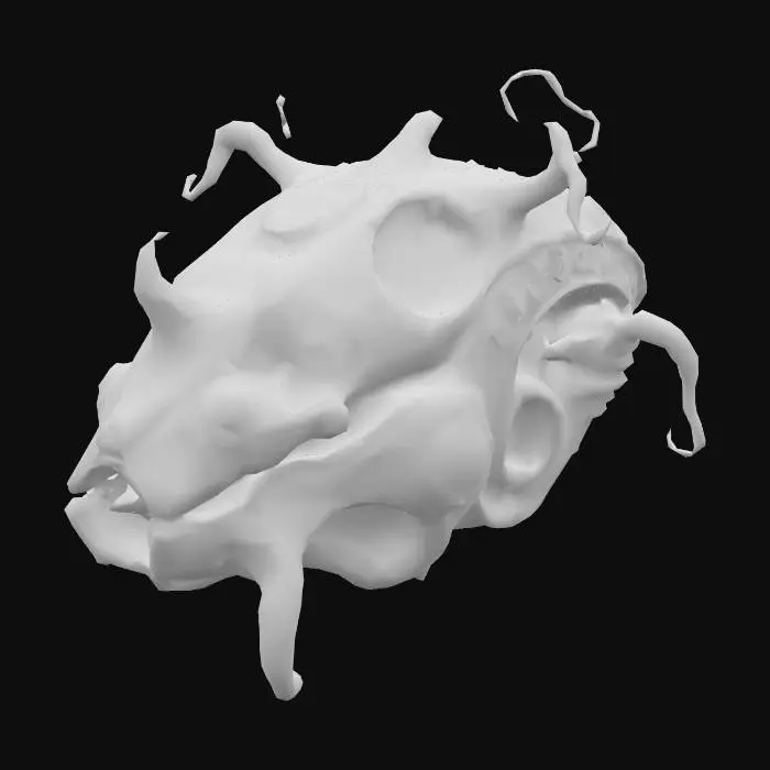 3D model for An ancient alien artifact meant to interface with a spaceship, combining metallic and organic elements. Its form is asymmetrical, with smooth, bone-like curves merging into tarnished metal plating. Small tendrils or vein-like structures wrap around parts of the surface, hinting at a once-living component. The outer shell is weathered and cracked, marked with faded alien symbols. A soft orange glow pulses from inside semi-transparent segments and along organic channels, as if energy still flows within. The artifact feels like a blend of machine and creature, mysterious and old, yet faintly active. #alien artifact# #bio-tech# #sci-fi relic# #game item#