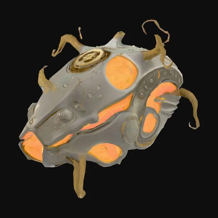 3D model for An ancient alien artifact meant to interface with a spaceship, combining metallic and organic elements. Its form is asymmetrical, with smooth, bone-like curves merging into tarnished metal plating. Small tendrils or vein-like structures wrap around parts of the surface, hinting at a once-living component. The outer shell is weathered and cracked, marked with faded alien symbols. A soft orange glow pulses from inside semi-transparent segments and along organic channels, as if energy still flows within. The artifact feels like a blend of machine and creature, mysterious and old, yet faintly active. #alien artifact# #bio-tech# #sci-fi relic# #game item#