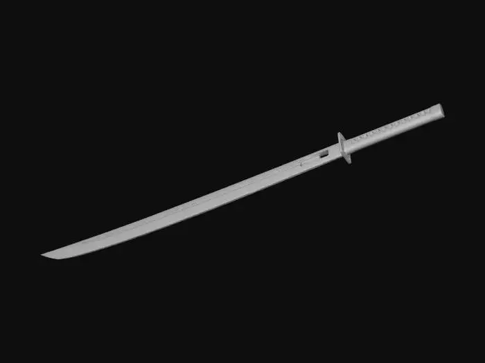 3D model for stylized katana sword, low poly game asset, black handle wrap, silver blade, simple guard, roblox style, clean topology