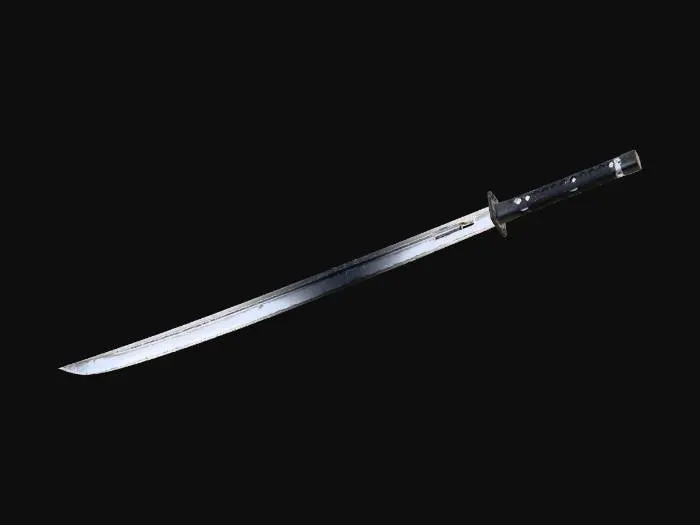 3D model for stylized katana sword, low poly game asset, black handle wrap, silver blade, simple guard, roblox style, clean topology