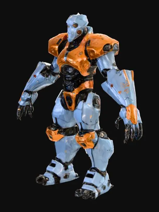 3D model for exo esqueleto robotico autónomo de guerra bipedo humanoide,armado con un estilo retro futurista con toques orientales y de aspeto esbelto