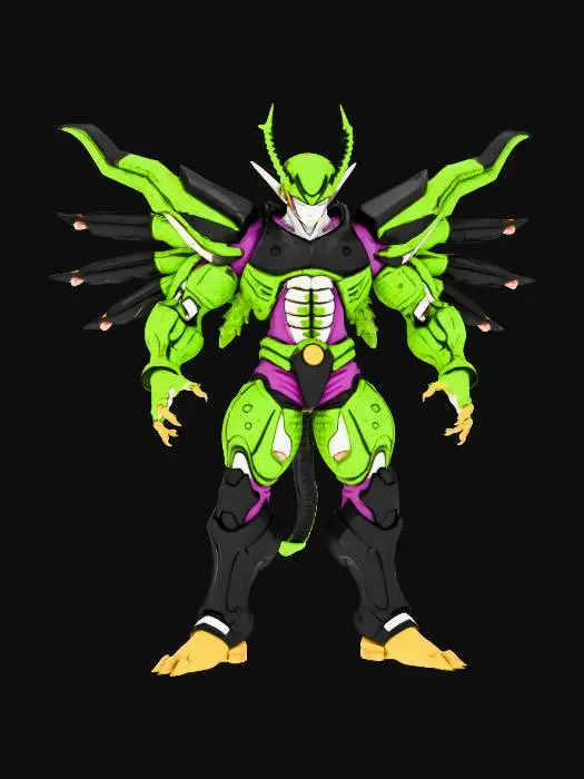 3D model for High-end 3D collectible statue of Perfect Cell from Dragon Ball Z, ultra-detailed bio-organic exoskeleton armor with green and black spotted patterns. Smooth matte paint finish, professional garage kit aesthetic. Cell is in a powerful standing pose with his arms crossed or charging a Kamehameha. Detailed muscular insectoid anatomy, purple facial markings, and crown-like head structure. The base is a professional diorama of the 'Cell Games Arena', featuring a stone-tiled martial arts platform, cracked pillars, and dusty earth. High resolution, 8k textures, non-reflective surface, cel-shaded shadows, masterpiece anime figurine style