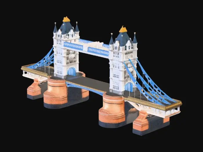 3D model for please create a bridge that acts as a double decker bridge system, similar to the London bridge system . majestical and tall with futuristic vertices. suspensions with 45 degree angles. led lighting systems and more.