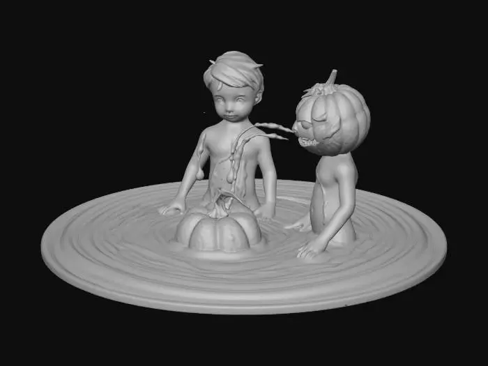 3D model for A realistic 3D render depicting two youthful figures, their bodies and hair an unnatural pale green, standing in a shallow pool of dark, rippling mud. Streaks of rich, chocolate-brown mud run down their forms, indicating movement and interaction with the liquid. Overhead, two grotesque, pumpkin-like wooden sculptures with wide, open mouths spew forth liquid, hitting the figures below. The background is a dimly lit, swampy forest, characterized by gnarled trees and hanging vines, with diffused lighting creating soft shadows.