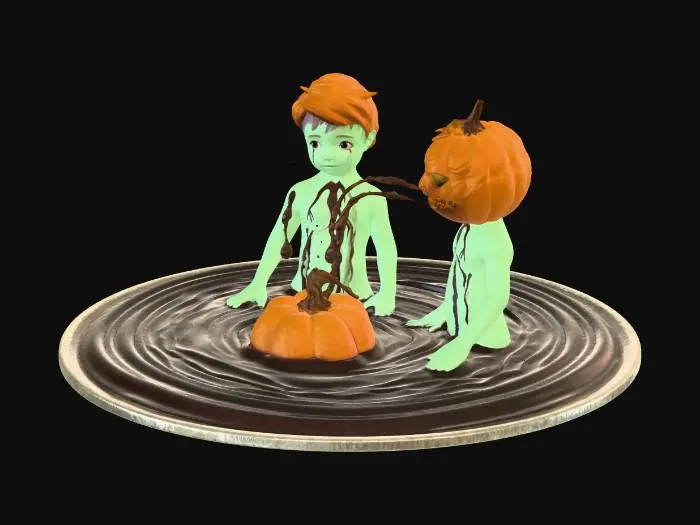 3D model for A realistic 3D render depicting two youthful figures, their bodies and hair an unnatural pale green, standing in a shallow pool of dark, rippling mud. Streaks of rich, chocolate-brown mud run down their forms, indicating movement and interaction with the liquid. Overhead, two grotesque, pumpkin-like wooden sculptures with wide, open mouths spew forth liquid, hitting the figures below. The background is a dimly lit, swampy forest, characterized by gnarled trees and hanging vines, with diffused lighting creating soft shadows.