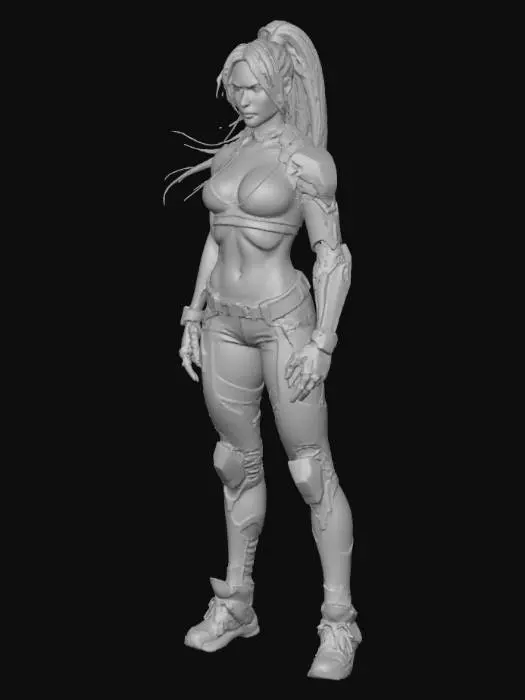 3D model for Sexy Cyberpunk style runner girl, with a haltertop that shows off her middriff, tanned skin, ice blue hair with long strands of a ponytail. Piercing hazel eyes. Her pants should be sleek and formfitting, like latex or laquer, with hightop shoes. Her left arm should be completely cybernetic but should be as sleek as the rest of her lithe ahtletic build.