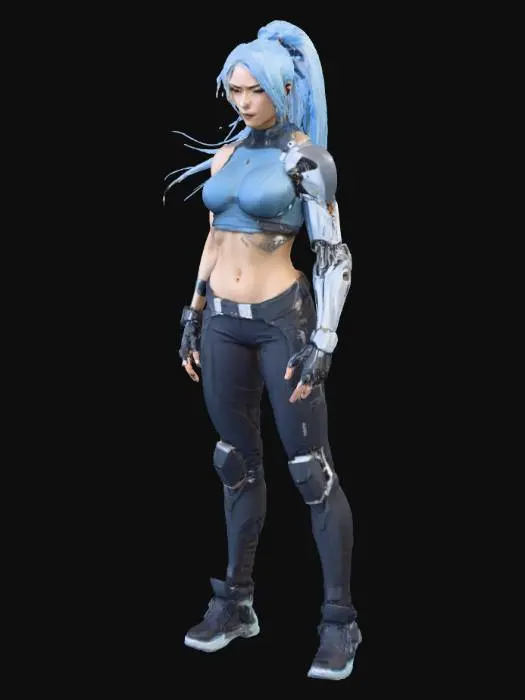 3D model for Sexy Cyberpunk style runner girl, with a haltertop that shows off her middriff, tanned skin, ice blue hair with long strands of a ponytail. Piercing hazel eyes. Her pants should be sleek and formfitting, like latex or laquer, with hightop shoes. Her left arm should be completely cybernetic but should be as sleek as the rest of her lithe ahtletic build.