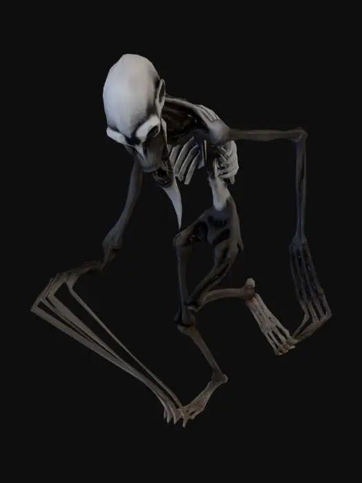 3D model for LONG TALL AND SLENDER ENTITY WHICH HAS BEEN STARVED TO THE BONES, TINY BEATY WHITE EYES WITH LONG SHARPENED ZIGAZAGGED TEETH WHICH CANNOT BE CONTAINED IN ITS MOUTH, ELONGATED, REACHING UP INTO ITS UPPER FACE AND LONGER THAN ITS CHIN