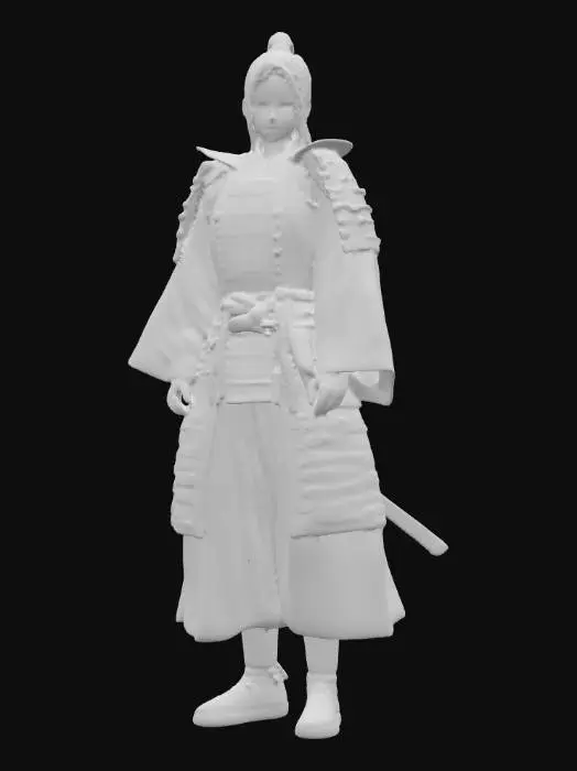 3D model for masterpiece, best quality, 8k, 3D model, character T-pose, A-pose, neutral pose, a beautiful Japanese female samurai warrior, flawless pale white skin, long straight black hair, sharp determined eyes, wearing detailed traditional samurai armor (o-yoroi) with modern fantasy elements, armor is black lacquer with red silk cords and gold metal accents, empty hands, no weapons, studio lighting, neutral gray background, character turntable, 3D model reference sheet, unreal engine, octane render, full body shot, highly detailed, intricate armor textures, ready for rigging and animation