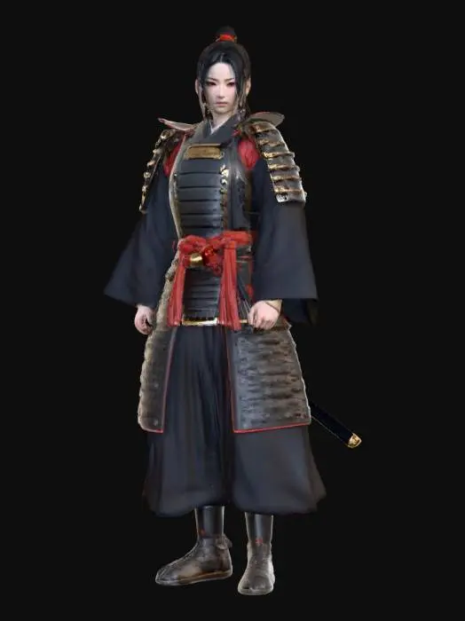 3D model for masterpiece, best quality, 8k, 3D model, character T-pose, A-pose, neutral pose, a beautiful Japanese female samurai warrior, flawless pale white skin, long straight black hair, sharp determined eyes, wearing detailed traditional samurai armor (o-yoroi) with modern fantasy elements, armor is black lacquer with red silk cords and gold metal accents, empty hands, no weapons, studio lighting, neutral gray background, character turntable, 3D model reference sheet, unreal engine, octane render, full body shot, highly detailed, intricate armor textures, ready for rigging and animation