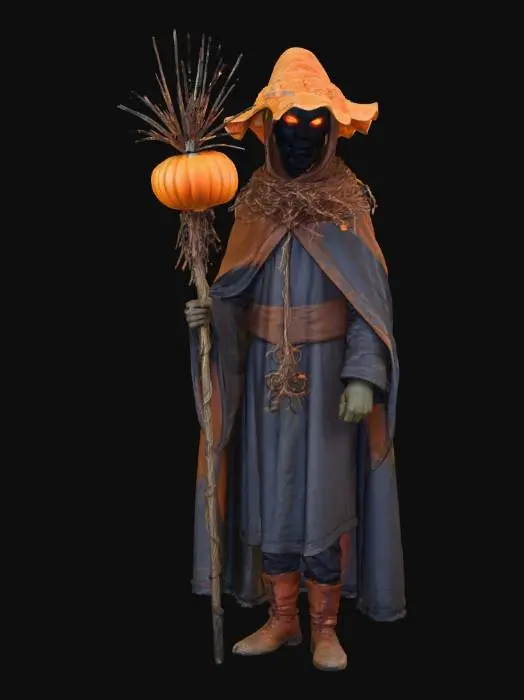 3D model for a mysterious night harvester with glowing orange eyes, hat of pumpkin leaves, cloak of dried vines, carrying magical pumpkin-shaped rake, nocturnal farmer, Halloween harvest, mystical atmosphere