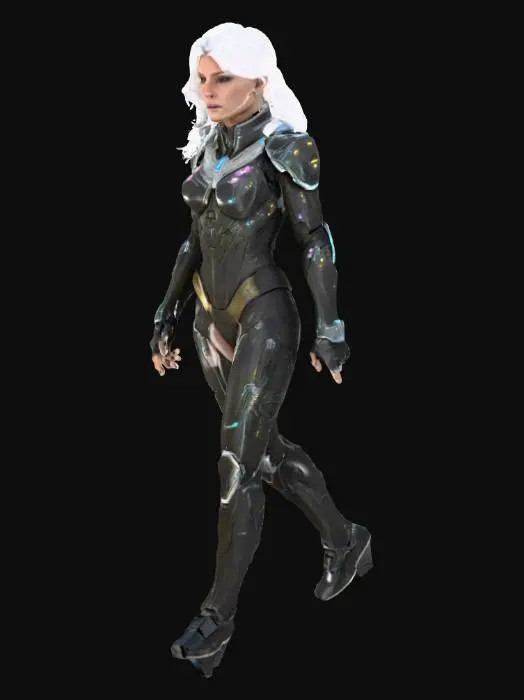 3D model for "photorealistic female spaceship commander in detailed mystical techno-armor, tactical holographic interfaces floating around her hands, realistic facial features with strategic determined expression, blend of ancient alien technology and advanced sci-fi elements, glowing energy runes integrated into uniform, authoritative command stance, hyperrealistic 3D render, cinematic lighting, detailed fabric and metal textures"