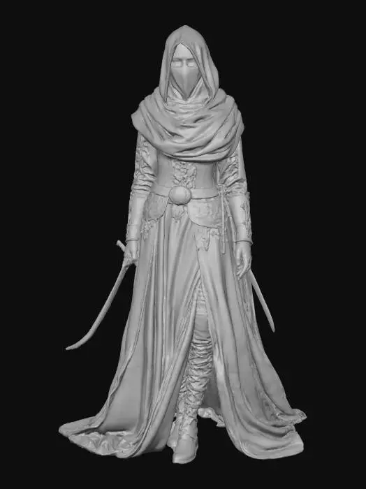 3D model for A female assassin inspired by the ancient Hashashin order, wearing elegant black and red robes with Middle Eastern and Persian design elements, face partially covered with a veil, armed with a curved dagger (khanjar) and a hidden blade, intricate fabric patterns, leather armor details, mysterious and graceful pose,