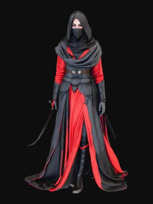 3D model for A female assassin inspired by the ancient Hashashin order, wearing elegant black and red robes with Middle Eastern and Persian design elements, face partially covered with a veil, armed with a curved dagger (khanjar) and a hidden blade, intricate fabric patterns, leather armor details, mysterious and graceful pose,
