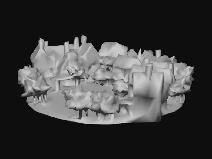 3D model for uma vlia medieval altamente detalhada, com casas, árvores, uma rua principal, um poço no meio de uma praça