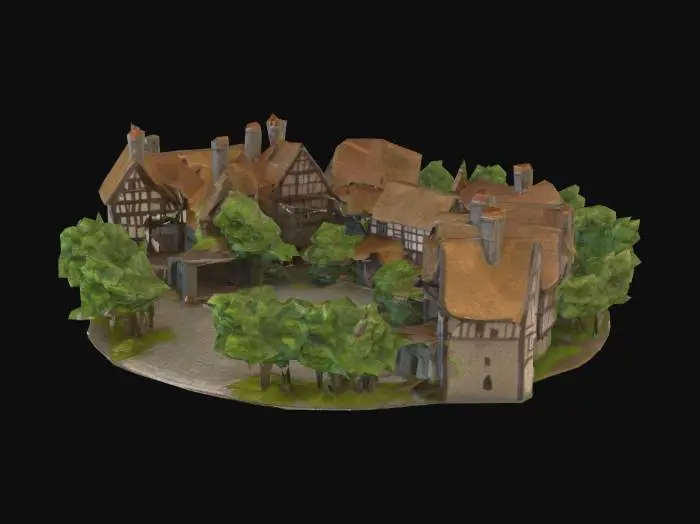 3D model for uma vlia medieval altamente detalhada, com casas, árvores, uma rua principal, um poço no meio de uma praça