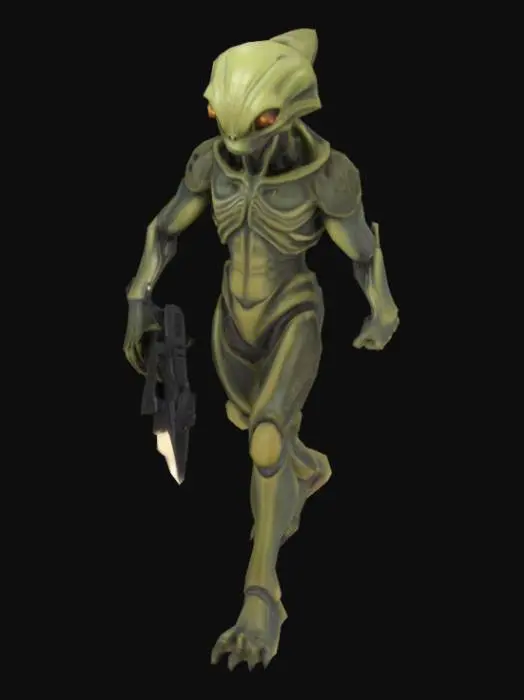 3D model for um cidadão alienígena, rosto detalhada, textura altamente detalhada, A pose, com as mãos meio distantes do corpo, com uma arma laser curta