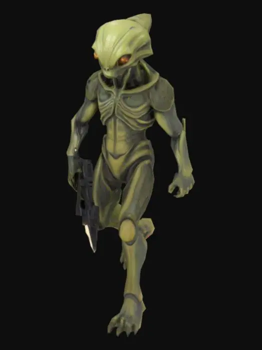 3D model for um cidadão alienígena, rosto detalhada, textura altamente detalhada, A pose, com as mãos meio distantes do corpo, com uma arma laser curta