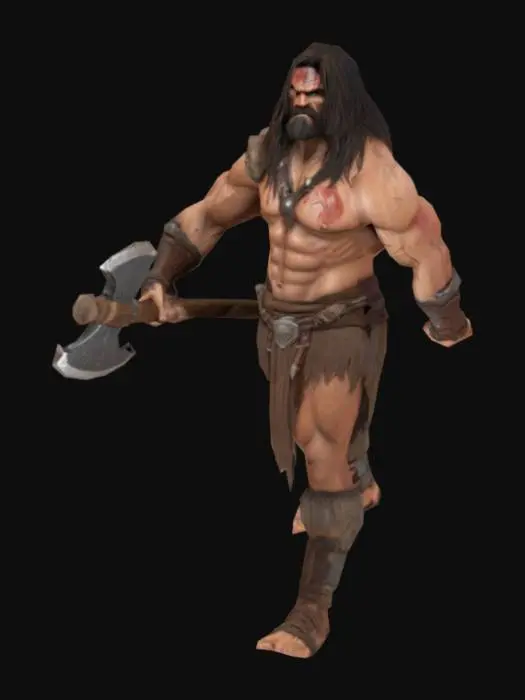 3D model for o bárbaro cimério Conan, musculoso, robusto, cabelos longos, face detalhada, textura de alta qualidade, instância épica, cicatrizes de guerra, em A pose com um machado como extensão de uma das mãos