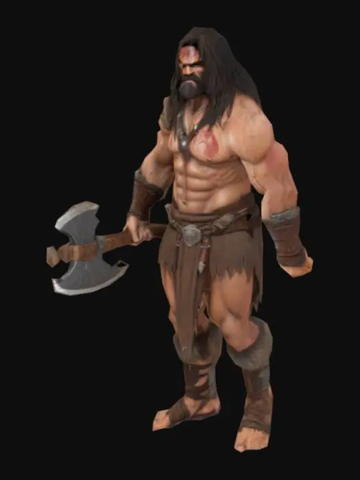 3D model for o bárbaro cimério Conan, musculoso, robusto, cabelos longos, face detalhada, textura de alta qualidade, instância épica, cicatrizes de guerra, em A pose com um machado como extensão de uma das mãos