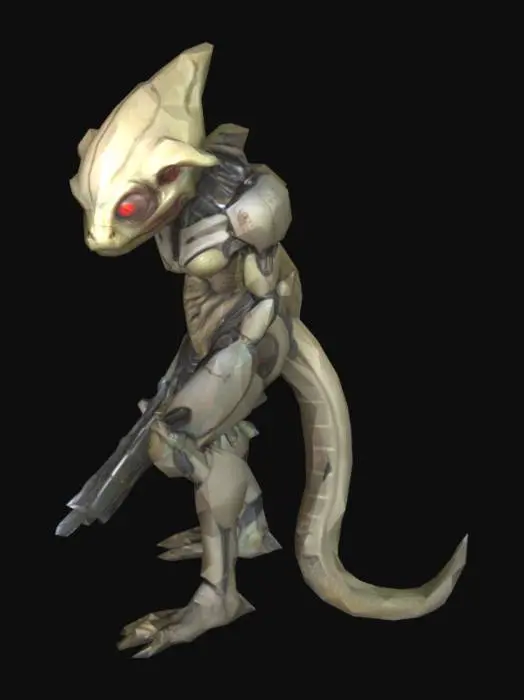 3D model for um guerreiro marciano reptiliano, olhos grandes vermelhos, rosto detalhado. corpo com vários implantes cibernéticos, corpo detalhado. textura de alta resolução, A pose, com uma arma em uma mão, as mãos meio distantes do corpo, e alinhadas com o corpo