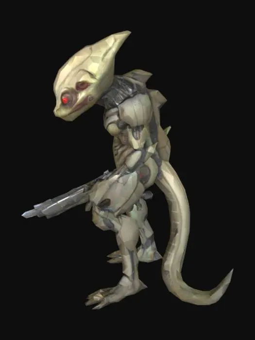 3D model for um guerreiro marciano reptiliano, olhos grandes vermelhos, rosto detalhado. corpo com vários implantes cibernéticos, corpo detalhado. textura de alta resolução, A pose, com uma arma em uma mão, as mãos meio distantes do corpo, e alinhadas com o corpo