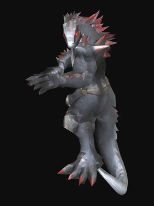 3D model for um guerreiro sauriano, com muitas escamas pelo corpo robusto, rosto com olhos vermelhos grandes, corpo detalhado com pele cinza escura, roupas de ficção científica. Em A pose, uma arma lase em uma mão, as mãos meio distantes do corpo, os braços e a arma alinhadas com o corpo, mas a uma certa distância.