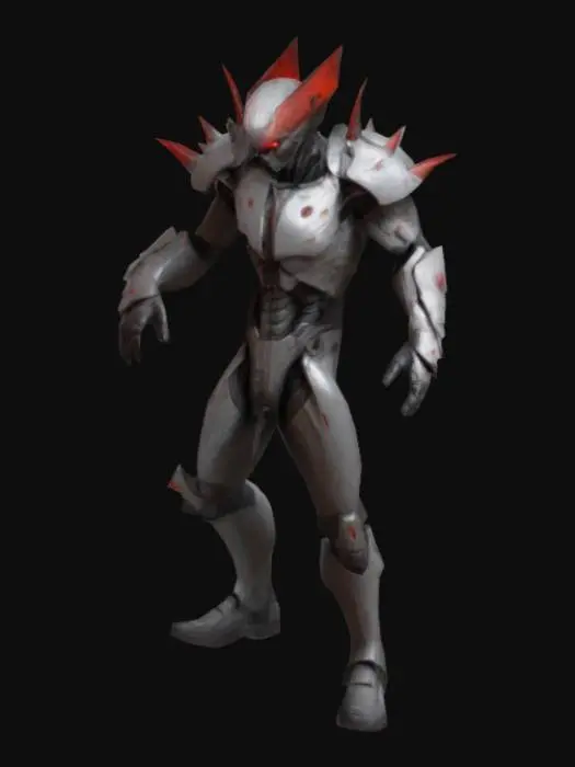 3D model for um guerreiro marciano cinza, olhos enormes vermelhos, cabeça grande, zangado. rosto detalhado. Roupas de estilo ficção científica, corpo robusto, detalhado. textura de alta resolução. Em T pose, com uma arma em uma mão, arma alinhada com o braço.