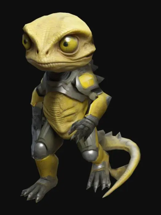 3D model for um soldado humanóide reptiliano, cabeça grande, rosto zangado, olhos amarelo e enormes, rosto detalhado. corpo detalhado, vestes de roupas de ficção científica. textura de alta resolução. A pose, com uma  arma media laser em uma mão, os braços alinhados com o corpo.