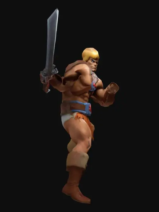 3D model for He-Man, personagem de desenho animado, textura de alta resolução, em A pose, com uma espada curta em uma mão