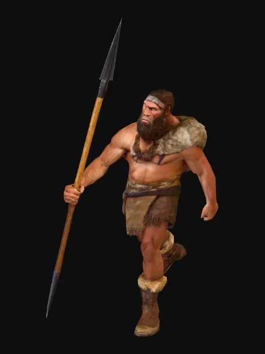 3D model for um caçador neandertal, rosto barbudo, zangado, nariz grande e achatado. veste roupas da pré-história. A pose, com uma lança pequena em uma mão.