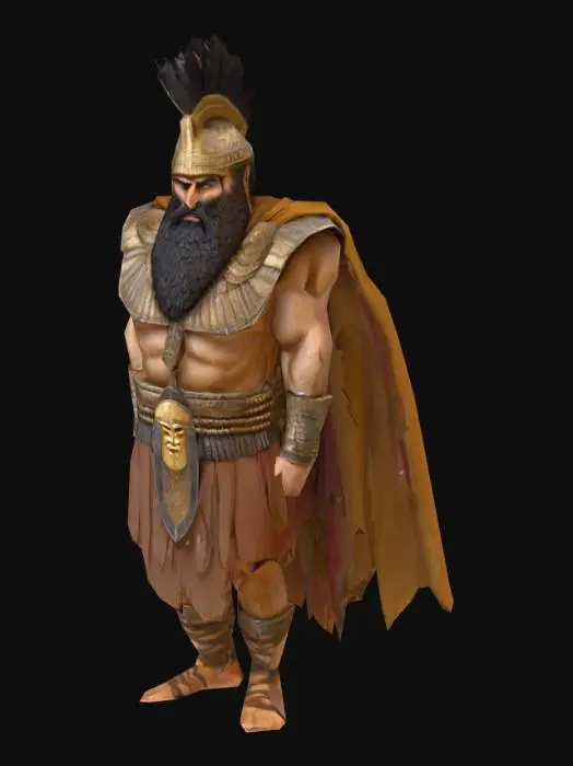 3D model for um guerreiro sumério, rosto barbado, zangado, nariz enorme e detalhado. roupas sumérias dos anos 3000 AC, A pose