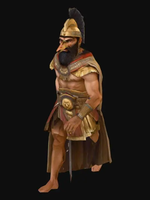 3D model for um guerreiro sumério, rosto barbado, zangado, nariz enorme e detalhado. roupas sumérias dos anos 3000 AC, A pose, com uma pequena espada suméria em uma mão