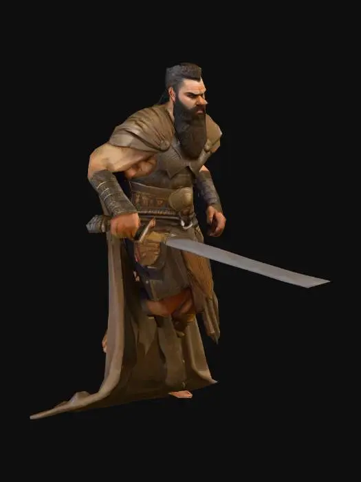 3D model for um guerreiro tribal babilônico, rosto barbudo, zangado, e detalhado. corpo detalhado, vestindo roupas babilônicas. Em A pose, com uma pequena espada em uma mão. As mãos meio distantes do corpo.