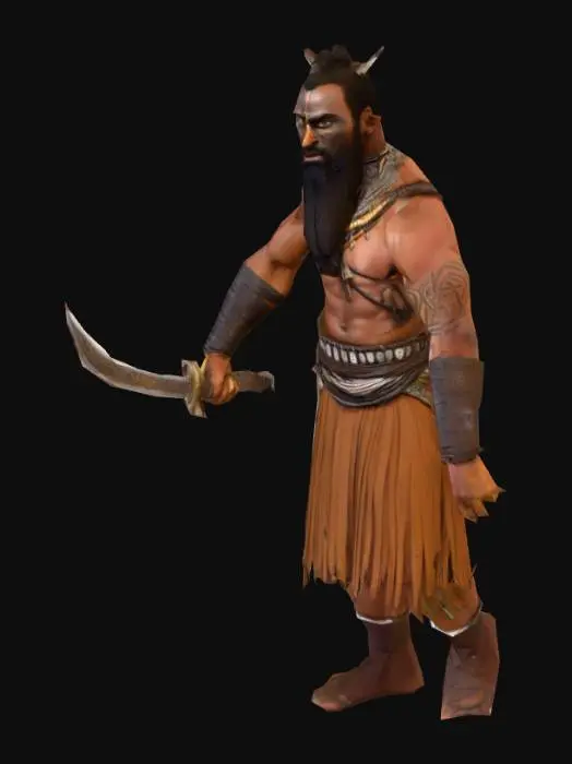 3D model for um caçador núbio, rosto barbado, zangado, com nariz grande, e rosto detalhado. corpo detalhado, vestindo roupas da antiguidade da Núbia. Em A pose, com uma pequena espada em uma mão, as mãos meio distantes do corpo