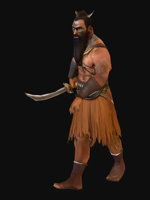 3D model for um caçador núbio, rosto barbado, zangado, com nariz grande, e rosto detalhado. corpo detalhado, vestindo roupas da antiguidade da Núbia. Em A pose, com uma pequena espada em uma mão, as mãos meio distantes do corpo