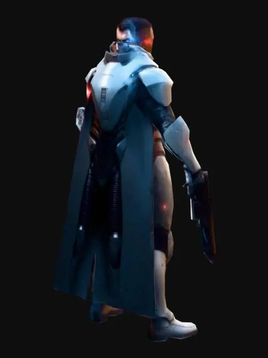 3D model for um guerreiro humano  numa era de ficção científica, com uma arma laser na mão esquerda. A pose.  arte para jogo mobile 