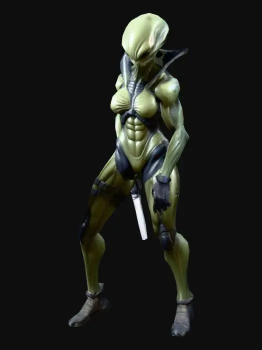 3D model for um alienigena feminina; seu corpo é robusto, musculoso e detalhado; veste um uniforme militar alienígena; em A pose; armada com uma faca pequena  na mão direita; as mãos meio distantes do corpo; arte para jogo mobile