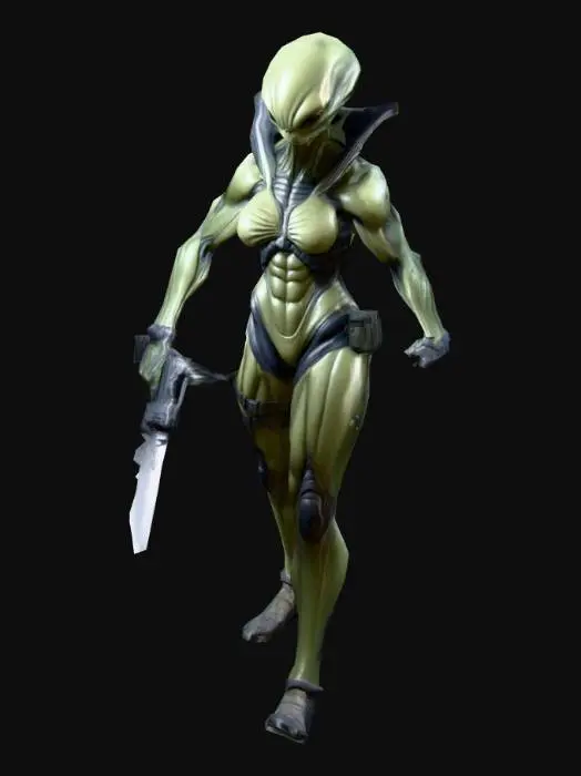 3D model for um alienigena feminina; seu corpo é robusto, musculoso e detalhado; veste um uniforme militar alienígena; em A pose; armada com uma faca pequena  na mão direita; as mãos meio distantes do corpo; arte para jogo mobile