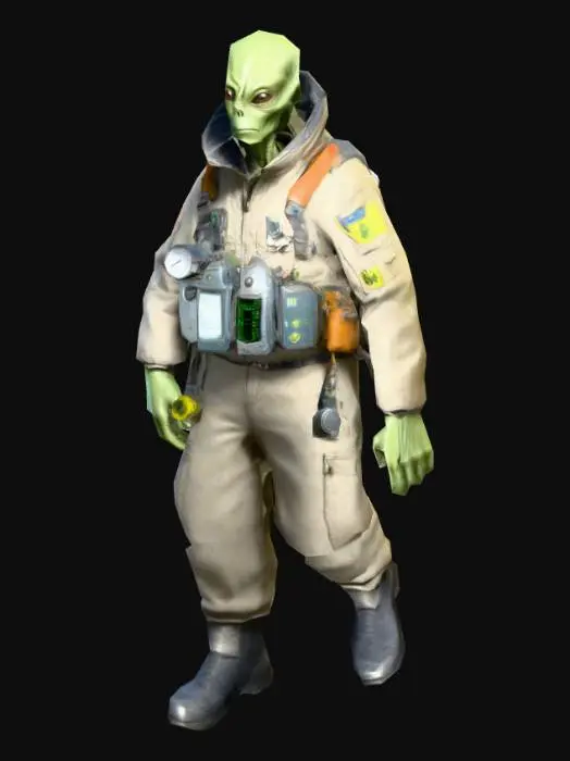 3D model for um alienigena engenheiro; rosto de feliz;  corpo  robusto, detalhado; veste um uniforme  a paisana, com vários dispositivos científicos em seu cinturão de  uniforme;  carregando um medidor de radioatividade na mão direita; as mãos meio distantes do corpo; em A pose;  textura de alta resolução; estilo ultra-realista;  arte para jogo de computador mobile
