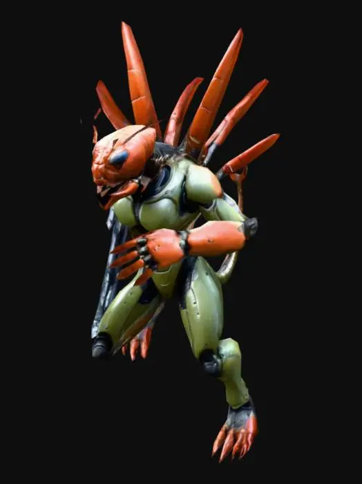 3D model for um alienígena comandante, cabeça de lagosta, detalhado; corpo robusto, altamente detalhado. as mãos estão meio distantes do corpo; carrega um rifle pequeno de laser; em A pose, arte para jogo mobile