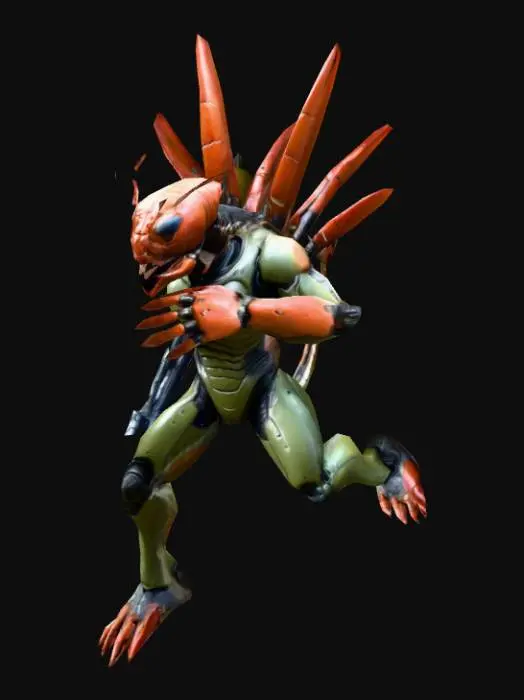 3D model for um alienígena comandante, cabeça de lagosta, detalhado; corpo robusto, altamente detalhado. as mãos estão meio distantes do corpo; carrega um rifle pequeno de laser; em A pose, arte para jogo mobile