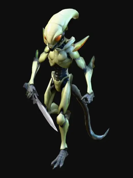 3D model for um comandante alienígena humanóide com cabeça de inseto; corpo detalhado; as mãos meio distantes do corpo; carrega uma faca de tamanho médio na mão esquerda; em A pose; arte para jogo mobile