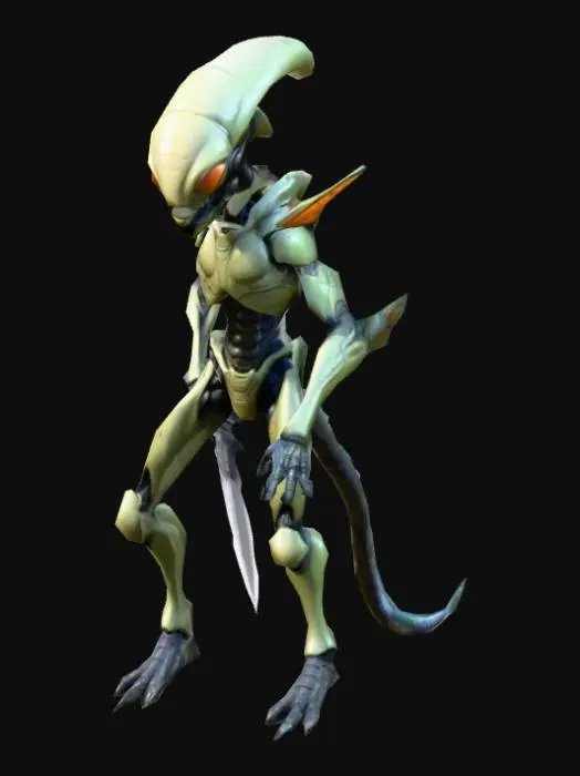 3D model for um comandante alienígena humanóide com cabeça de inseto; corpo detalhado; as mãos meio distantes do corpo; carrega uma faca de tamanho médio na mão esquerda; em A pose; arte para jogo mobile