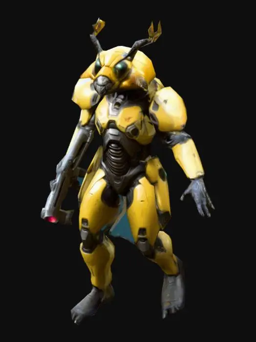 3D model for um comandante alienígena humanóide com cabeça de abelha; corpo detalhado; as mãos meio distantes do corpo; carrega uma rifle de laser de tamanho médio na mão esquerda; em A pose; arte para jogo mobile