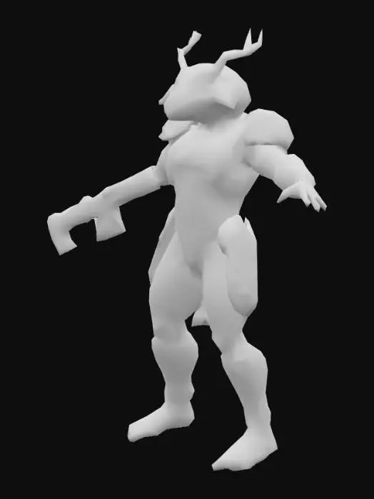 3D model for um comandante alienígena humanóide com cabeça de abelha; corpo detalhado; as mãos meio distantes do corpo; carrega uma rifle de laser de tamanho médio na mão esquerda; em A pose; arte para jogo mobile